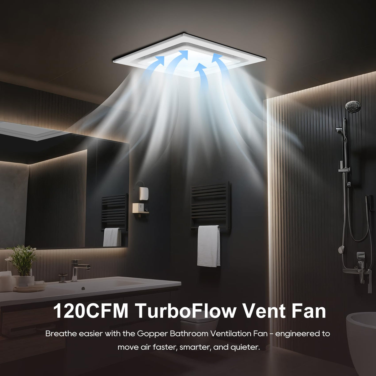 Gopper ultra-quiet fan motor illustrating low-noise operation in a bathroom.