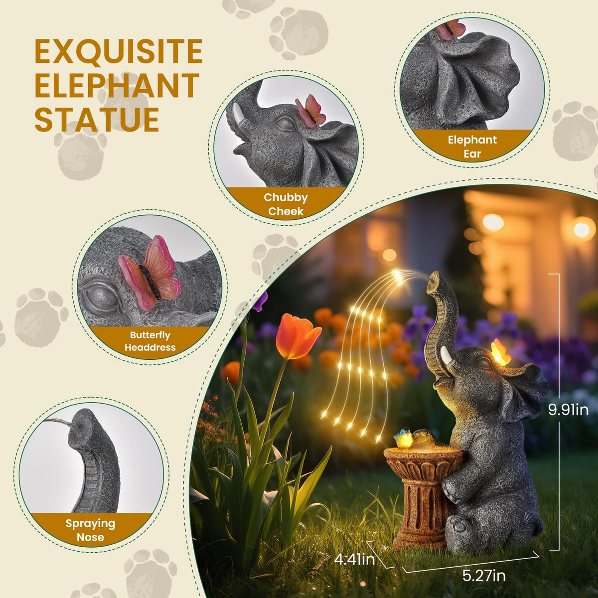 Goregent solar-powered elephant watering statue lights at dusk automatically.