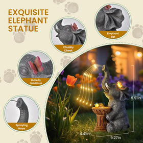 Goregent solar-powered elephant watering statue lights at dusk automatically.