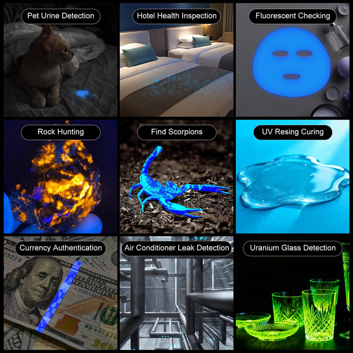 Goreit 365nm flashlight in a dark room detects stains and minerals