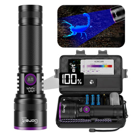 Goreit 365nm flashlight front view shows high-contrast UV detection for stains
