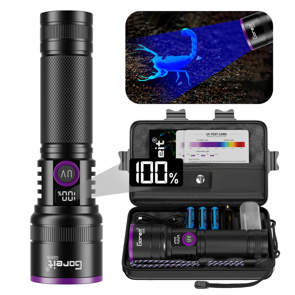 Goreit 365nm flashlight front view shows high-contrast UV detection for stains