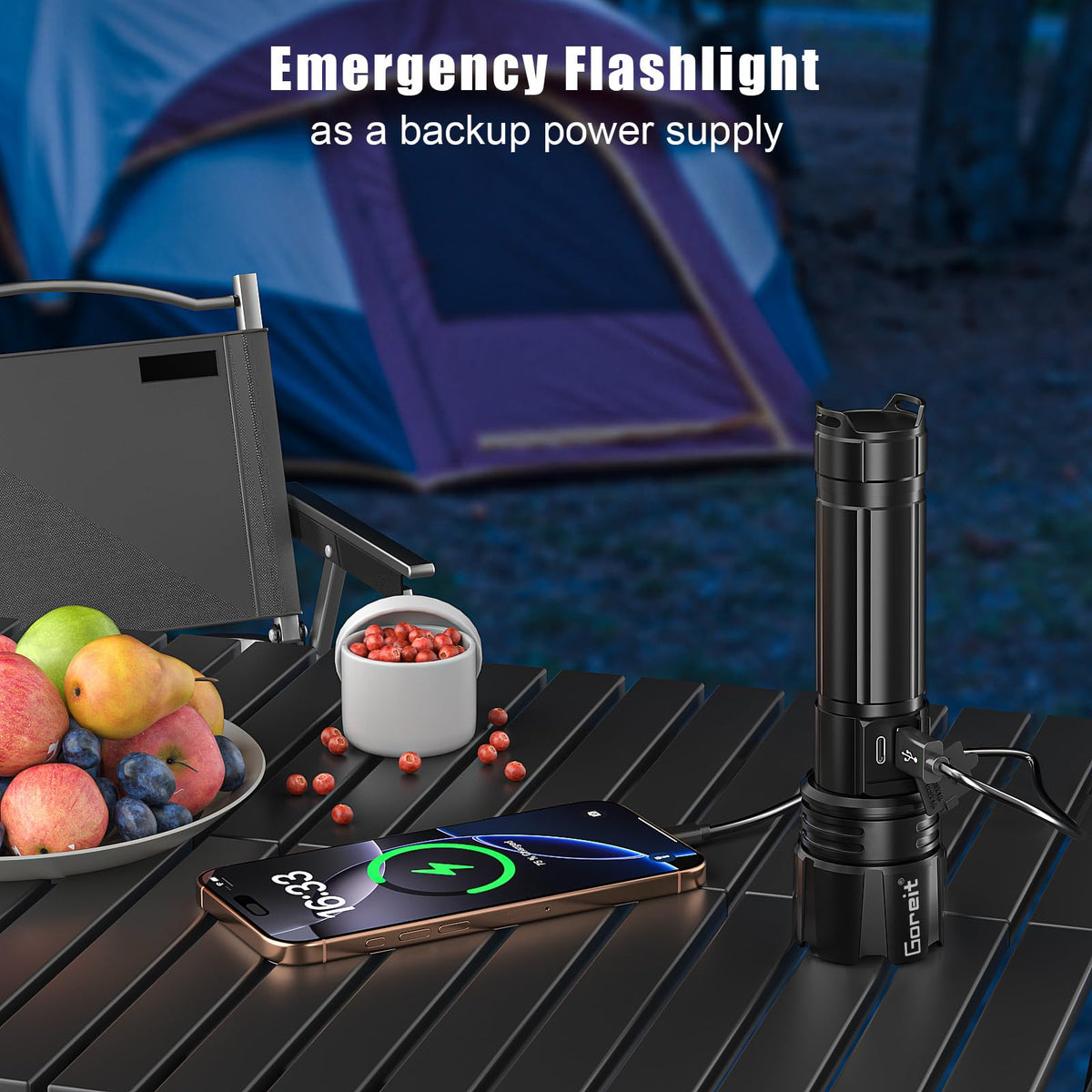Goreit G1476 wide 120-degree flood beam lights a campsite