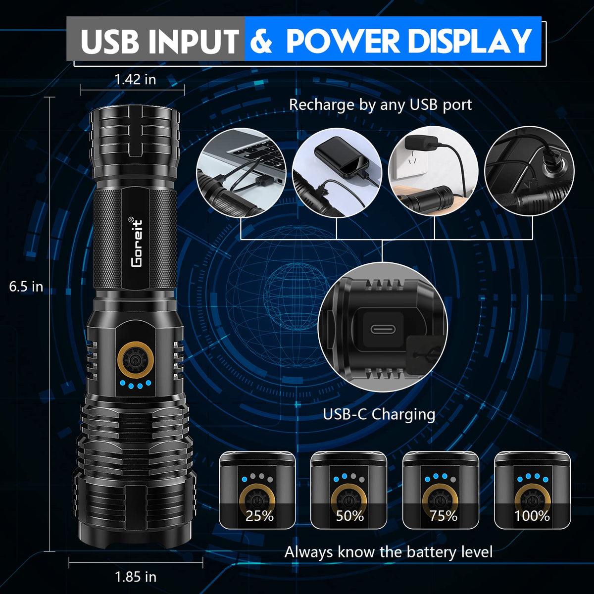 Goreit G1915 USB charging indicator keeps battery status clear.