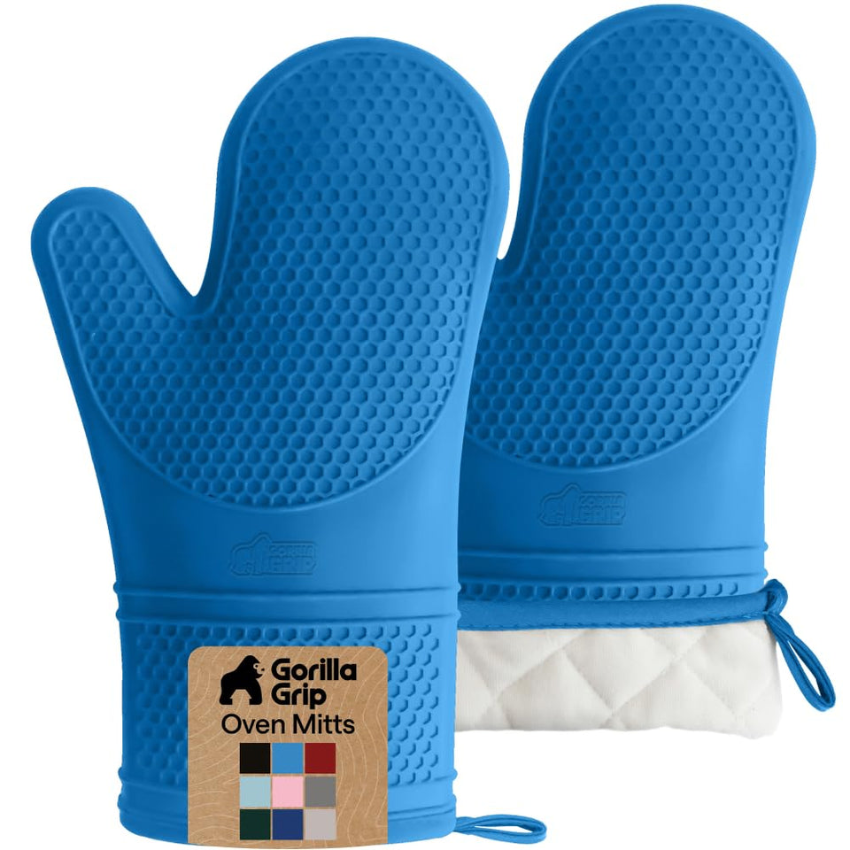 Gorilla Grip Aqua oven mitt texture enhances grip on hot cookware.