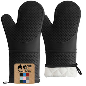 GORILLA GRIP silicone oven mitt close-up shows textured honeycomb grip for secure handling.