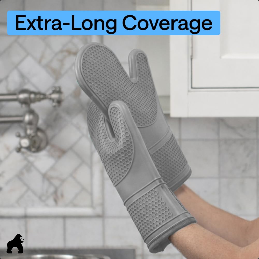 GORILLA GRIP mitts shown for grill use with safe handling of hot food