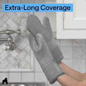 GORILLA GRIP mitts shown for grill use with safe handling of hot food