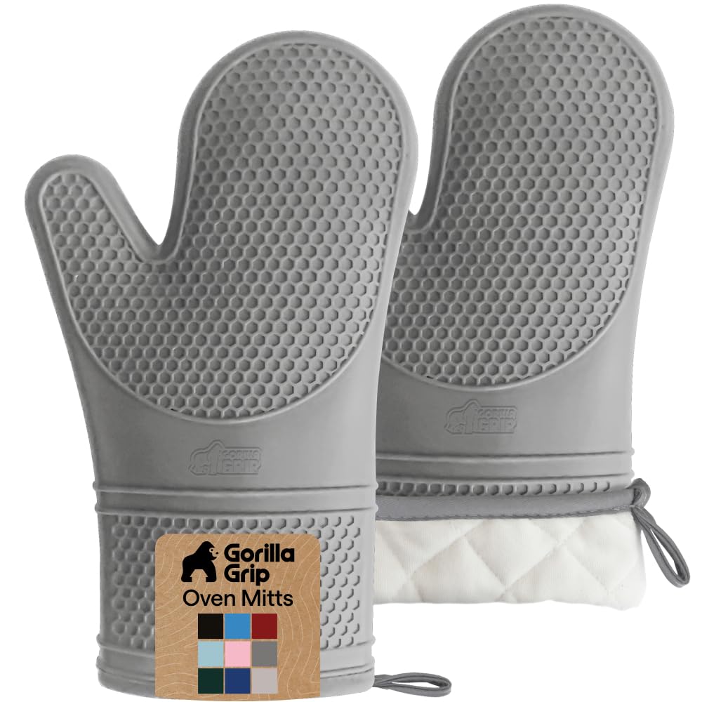 GORILLA GRIP silicone oven mitts with honeycomb grip texture for secure handling of hot cookware