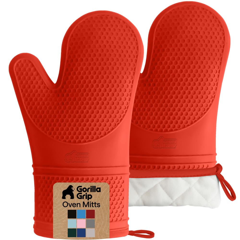 GORILLA GRIP coral oven mitt front view showing secure grip on hot pans