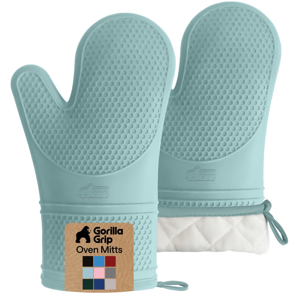 Gorilla Grip oven mitts show honeycomb texture for a secure grip while cooking