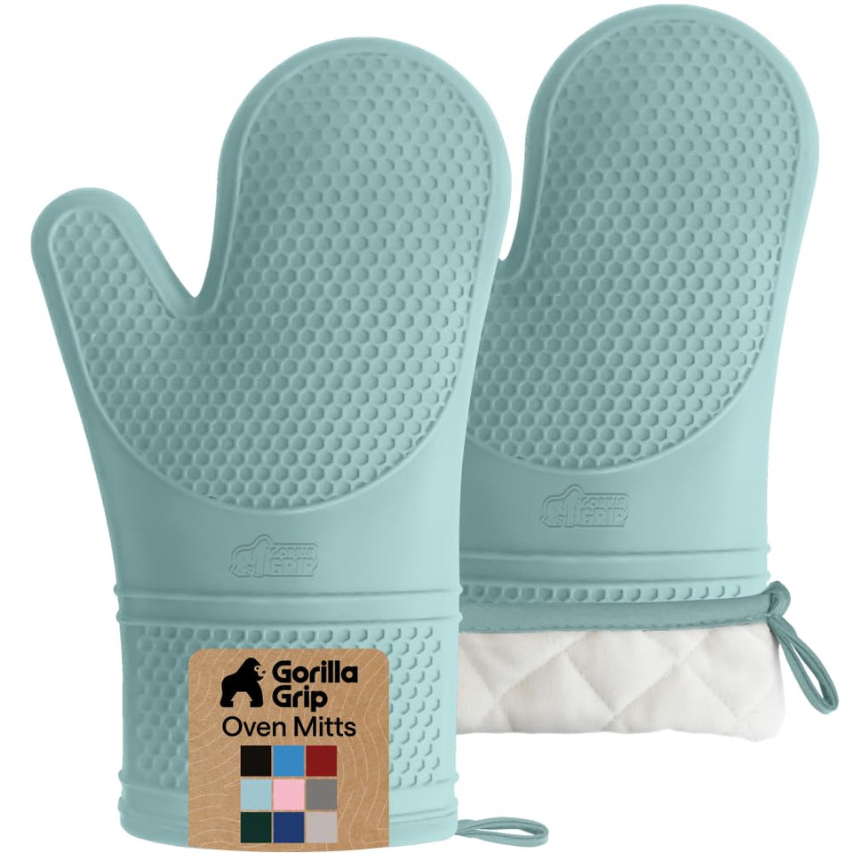 Gorilla Grip oven mitts show honeycomb texture for a secure grip while cooking