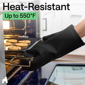 GORILLA GRIP mitts are heat-safe up to 550 degrees Fahrenheit for cooking tasks.