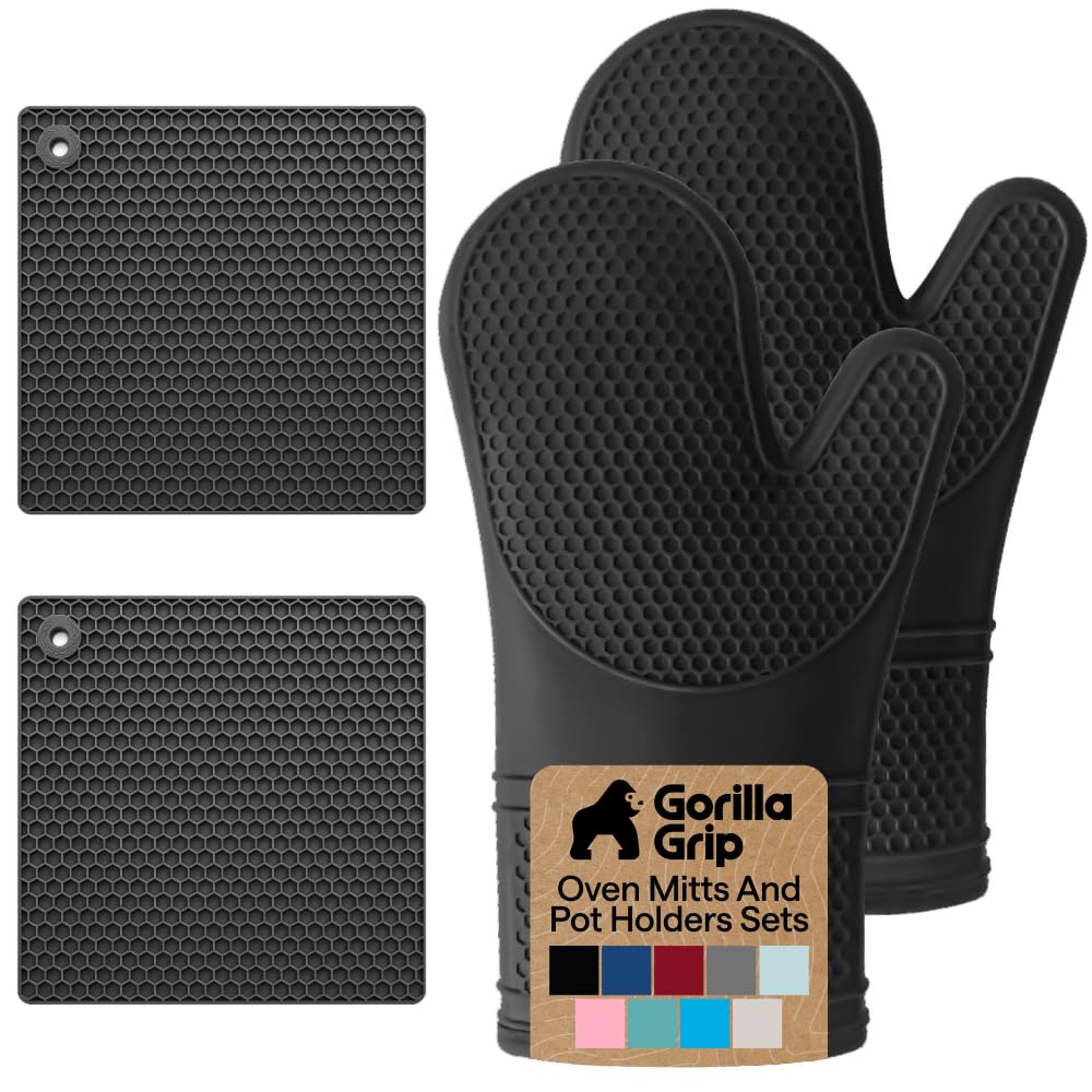 GORILLA GRIP oven mitt with honeycomb texture for secure grip on hot pans.