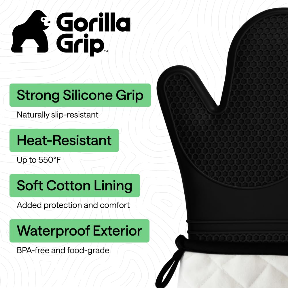 GORILLA GRIP mitt with honeycomb texture aids grip on hot pots and sheets.