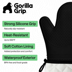 GORILLA GRIP mitt with honeycomb texture aids grip on hot pots and sheets.