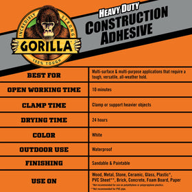Gorilla Heavy Duty Construction Adhesive showcases 30-second grab for secure temporary hold.