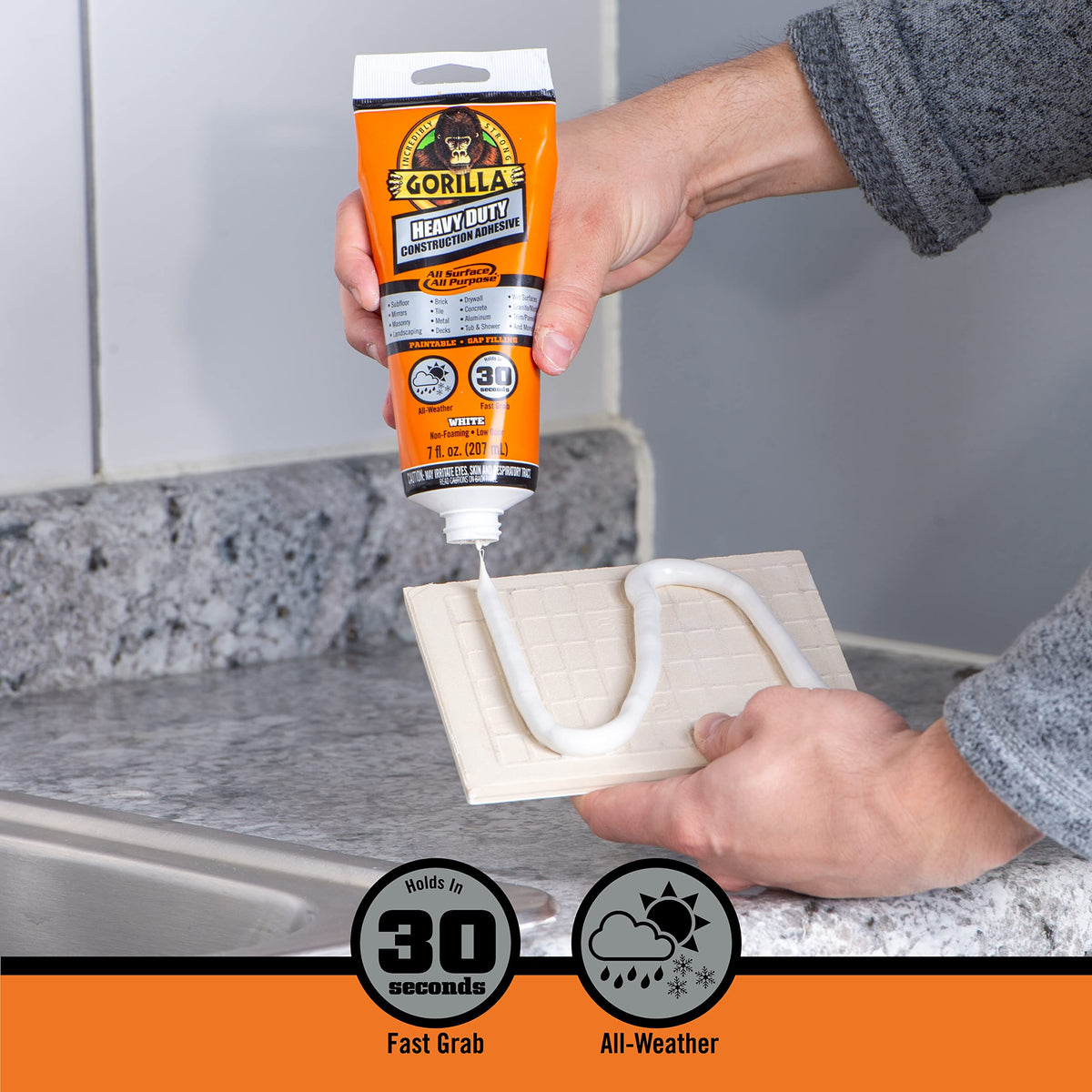 Gorilla Heavy Duty Construction Adhesive gap-filling application on uneven surfaces.