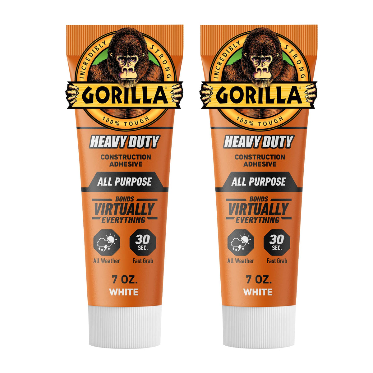 Gorilla Heavy Duty Construction Adhesive pack of 2 tubes for versatile indoor-outdoor bonding.
