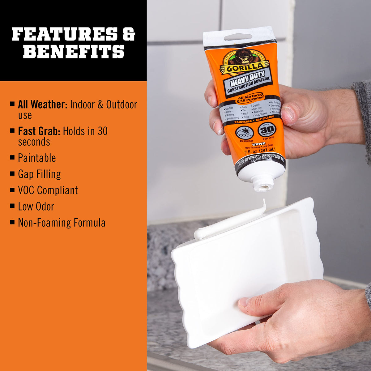 Gorilla Heavy Duty Construction Adhesive tube dispensing action enables fast, precise application.