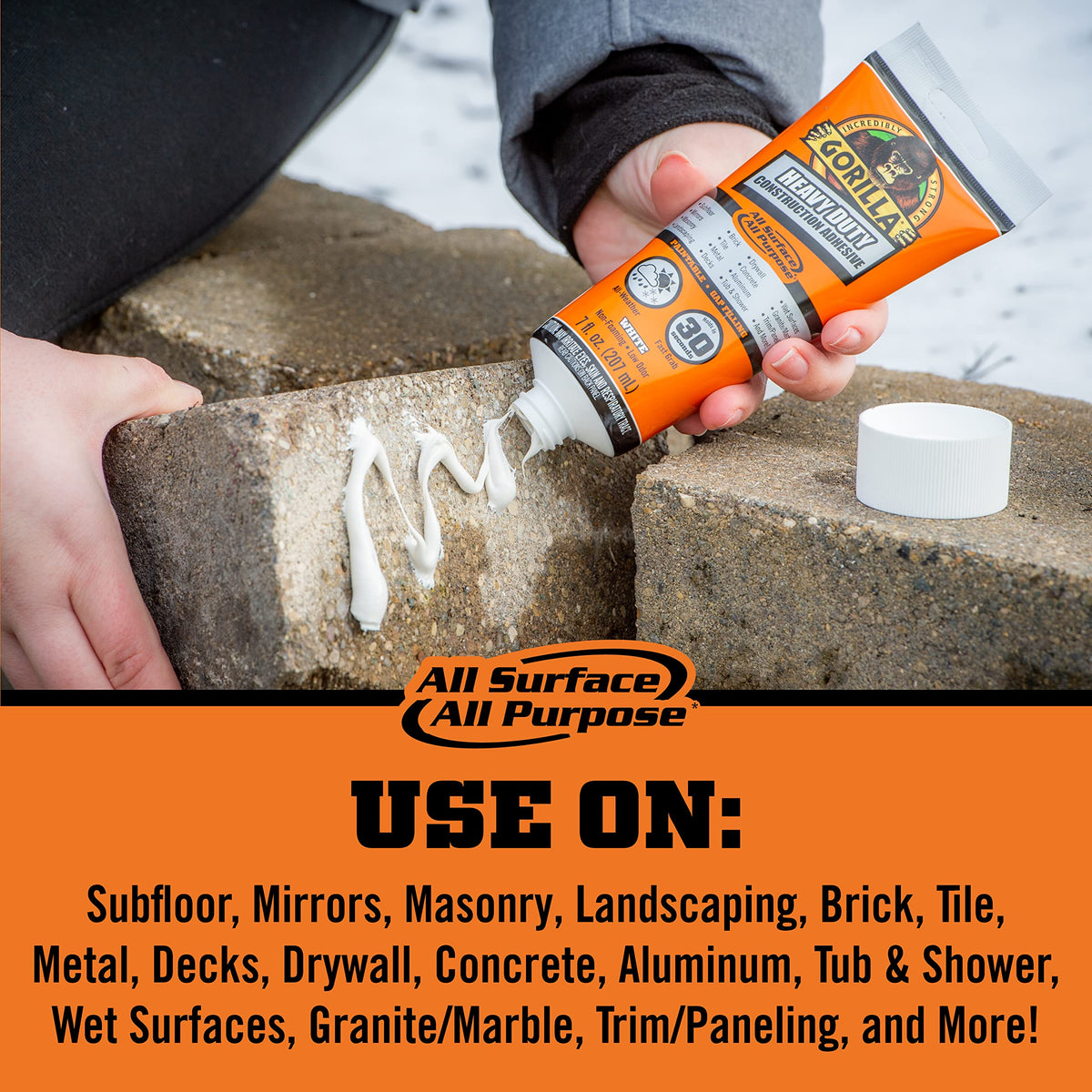 Gorilla Heavy Duty Construction Adhesive waterproof bond for indoor and outdoor projects.