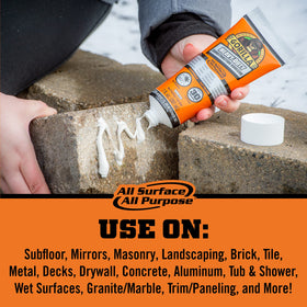 Gorilla Heavy Duty Construction Adhesive waterproof bond for indoor and outdoor projects.
