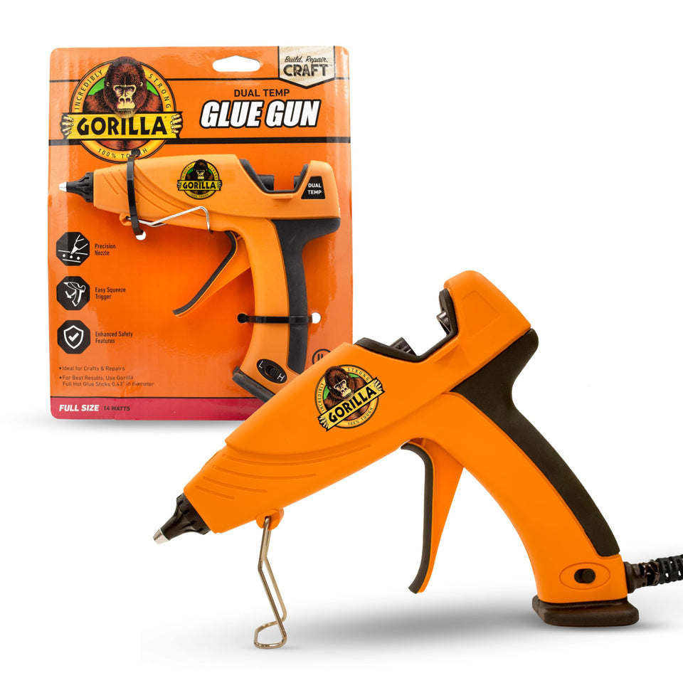 Gorilla hot glue gun dual temp front view shows ergonomic grip for precise bonding.