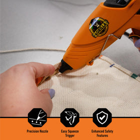 Gorilla hot glue gun hand grip with built in stand for stable placement.