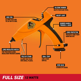 Gorilla hot glue gun nozzle detail emphasizing insulated design for burns prevention.