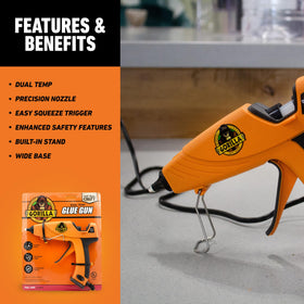 Gorilla hot glue gun dual temp trigger close up highlighting easy squeeze action.