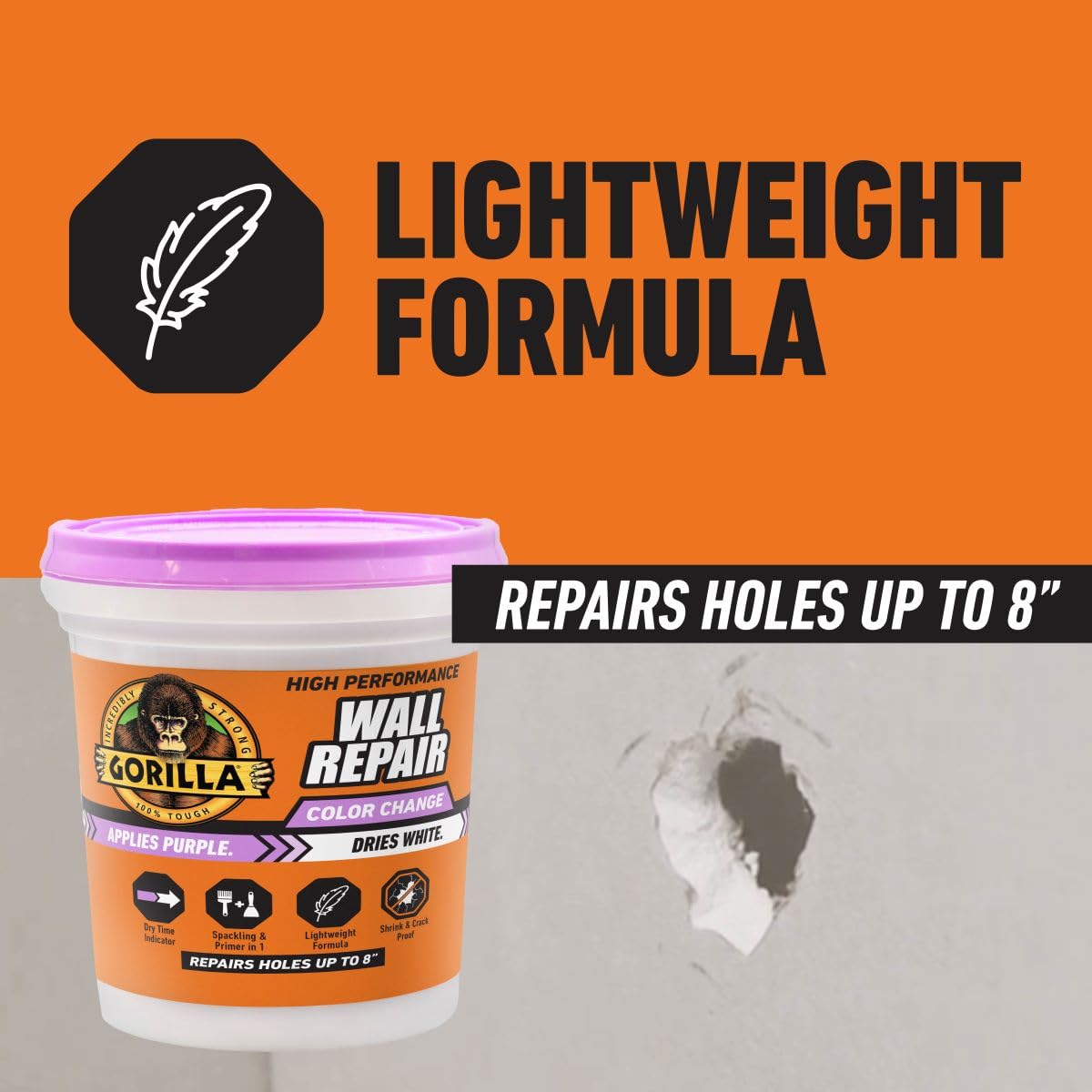 Gorilla wall repair color change dries ready for sanding and painting