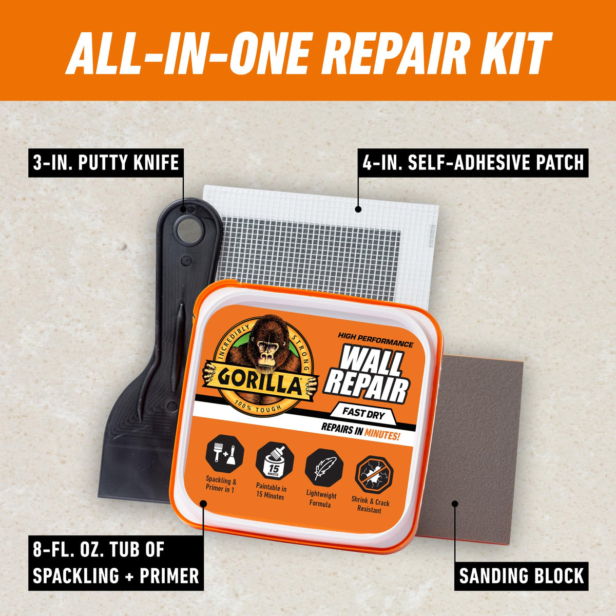Gorilla Wall Repair Kit 4-inch patch covers holes quickly.