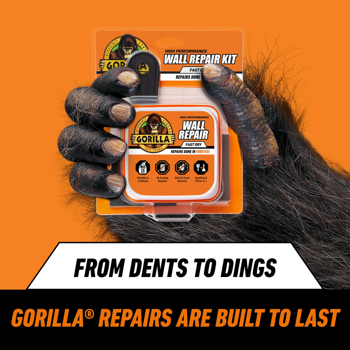 Gorilla Wall Repair Kit dries fast for paint-ready finish.