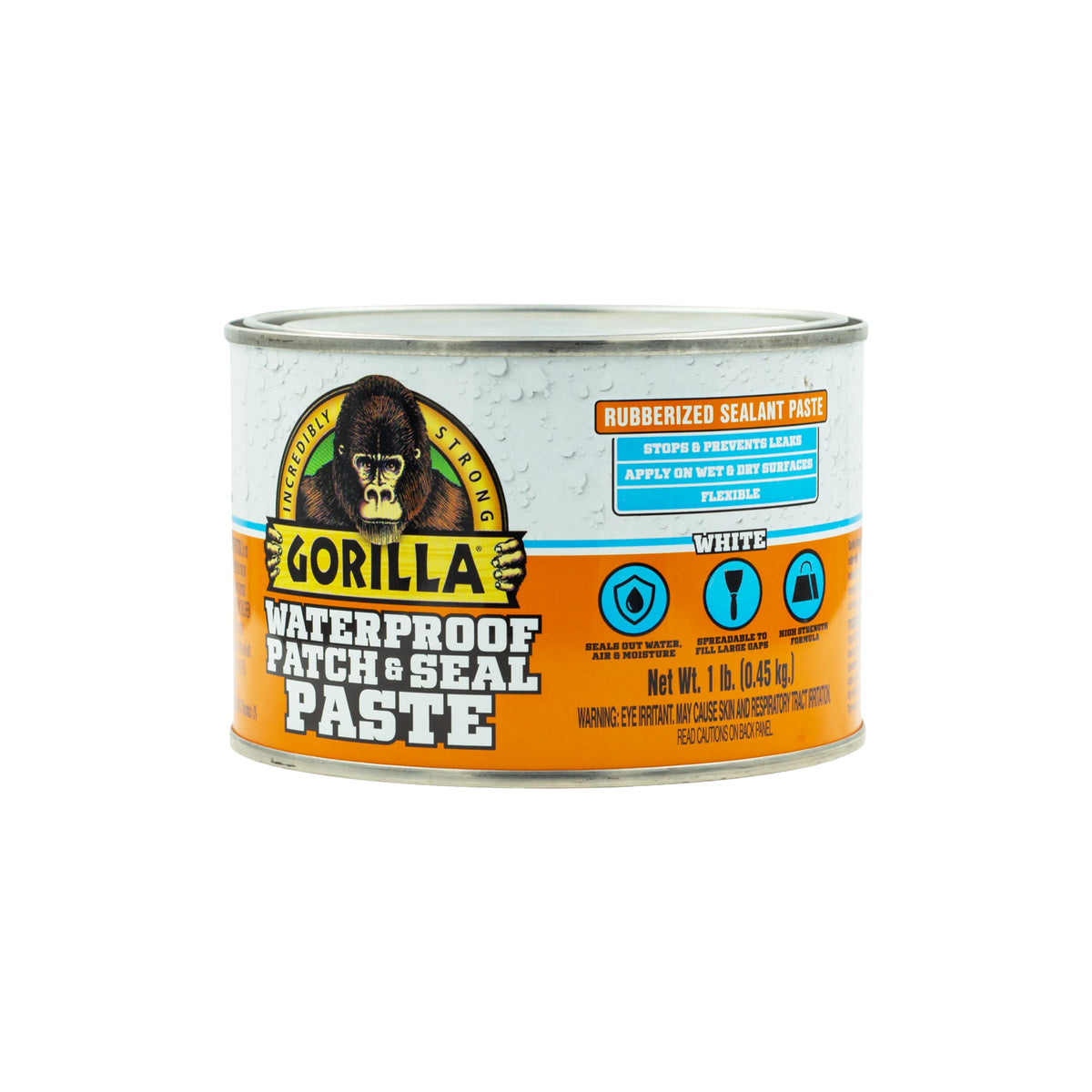 Gorilla Waterproof Patch & Seal Paste can label shows durable exterior repair option.