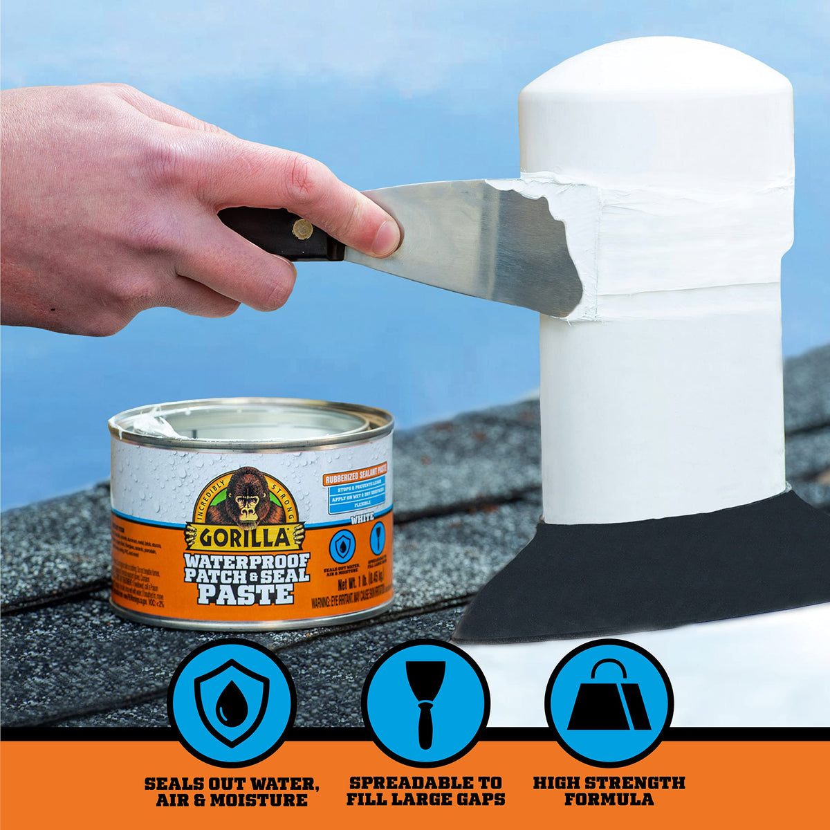 Gorilla Waterproof Patch & Seal Paste on a wet surface illustrates leakage control capability.