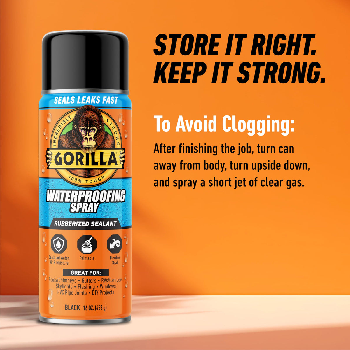 Gorilla spray applied on roofs, gutters, and windows for exterior sealing.
