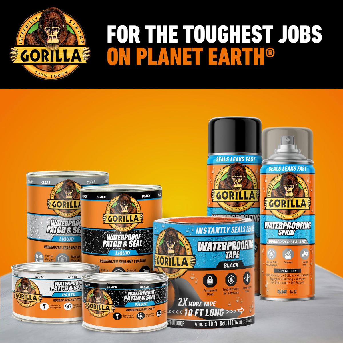 Gorilla Waterproofing Spray exterior-use-only note guides outdoor projects.