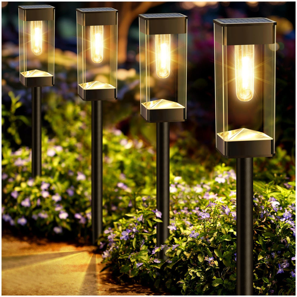 Gorrzai Bright Solar Pathway Light with transparent lampshade casts warm glow along a garden path