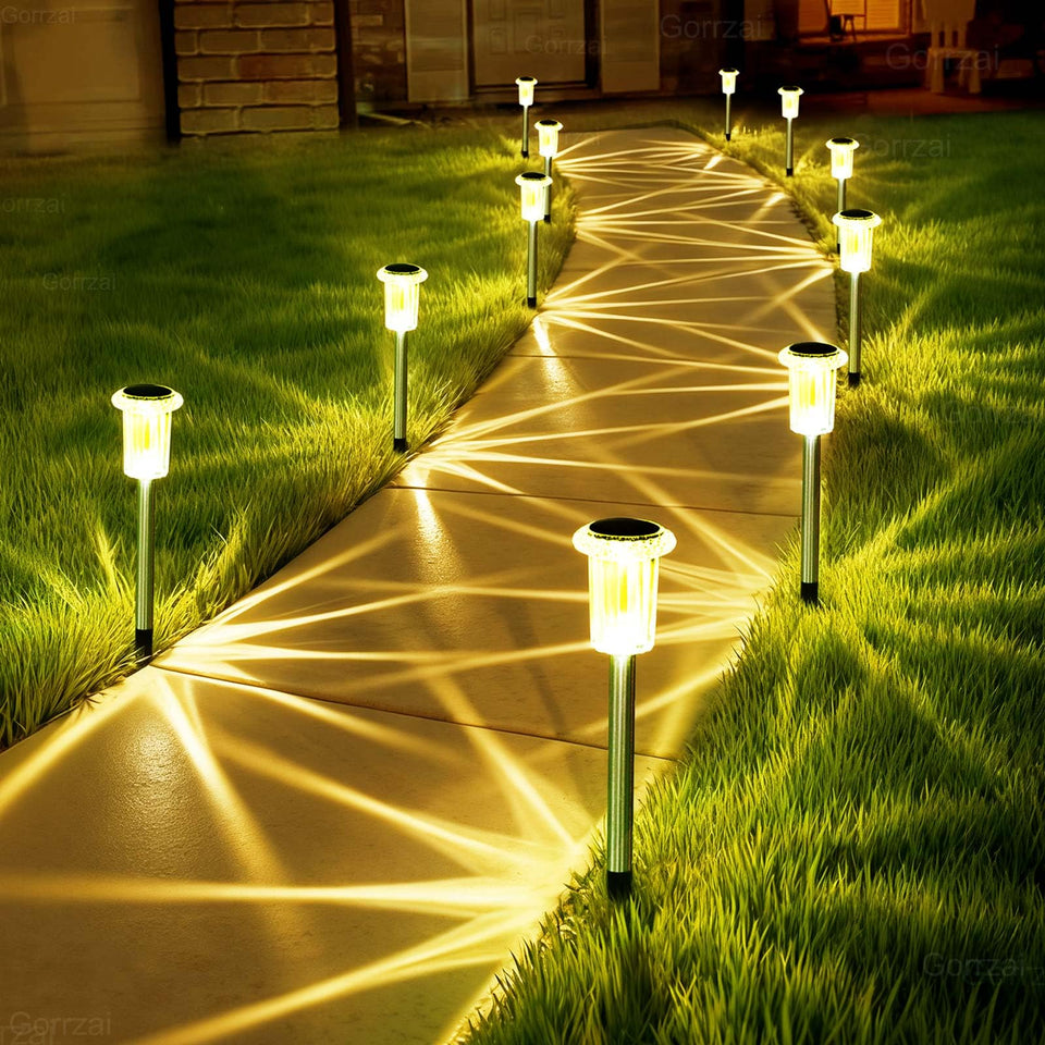 Gorrzai outdoor solar lights 10-pack at dusk providing even path illumination.