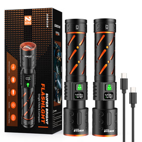 Gosdas rechargeable flashlight with bright 30W LED beam lighting up a campsite