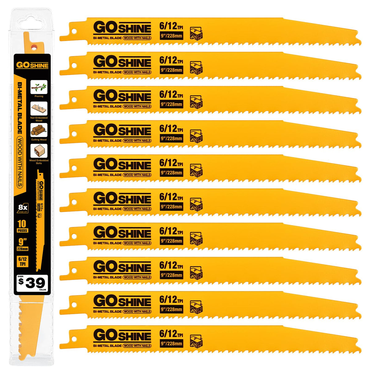 GOSHINE 9 inch nail embedded wood blade for tough cuts through nails