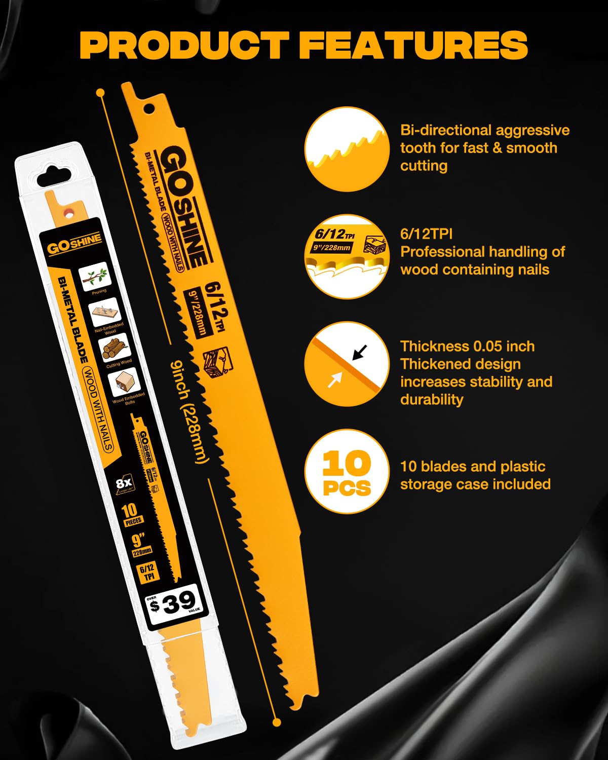 GOSHINE 9 inch nail embedded wood blade in action on fences and frames