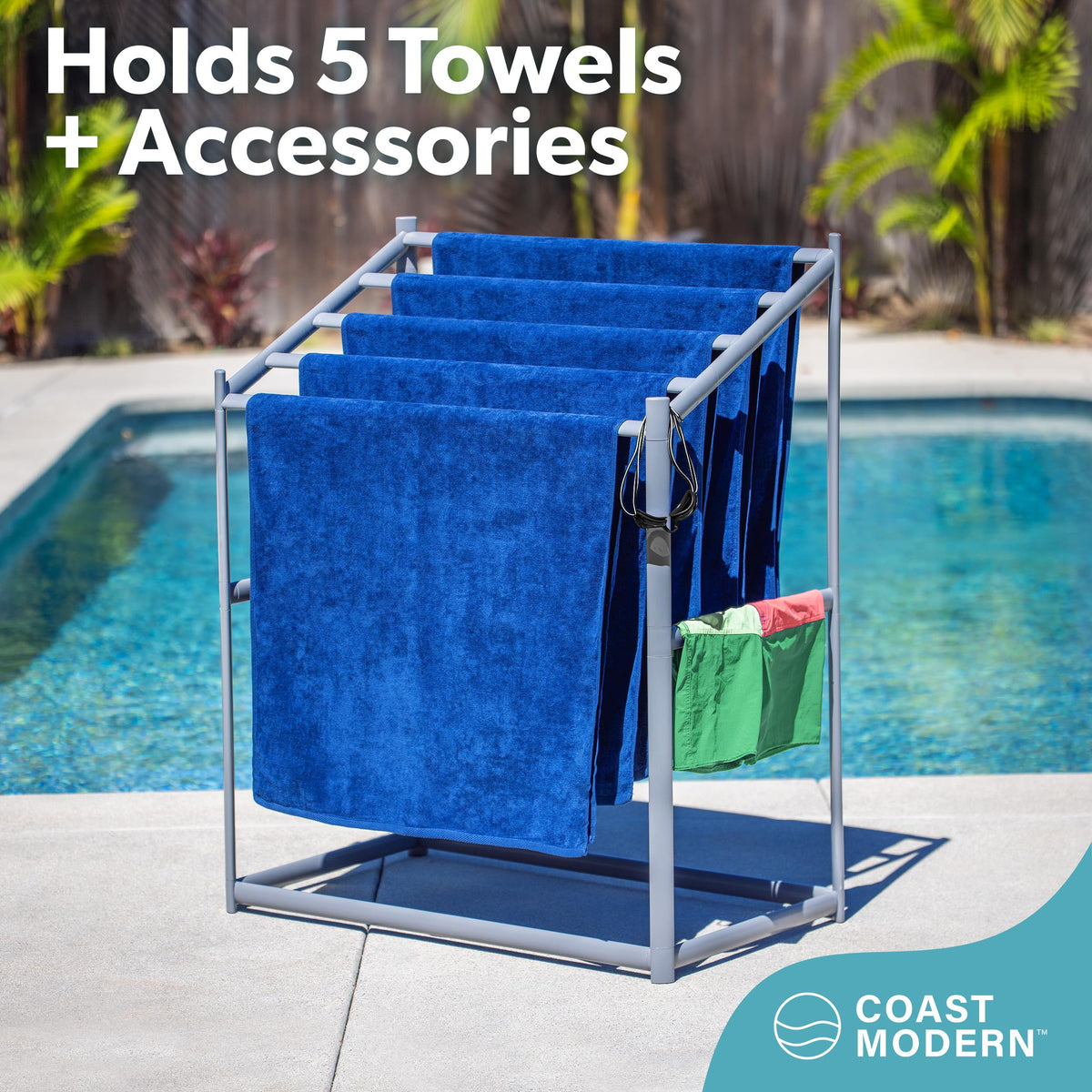 GoSports Coast Modern Pool Towel Rack corner detail with raised corners for accessories