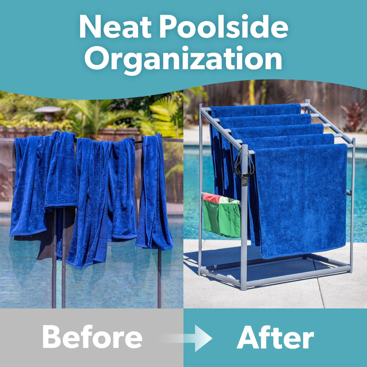 GoSports Coast Modern Pool Towel Rack in use by poolside for drying towels efficiently