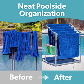 GoSports Coast Modern Pool Towel Rack in use by poolside for drying towels efficiently