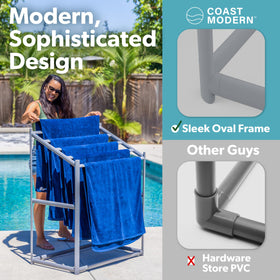 GoSports Coast Modern Pool Towel Rack top-bars close-up illustrating orderly towel drying