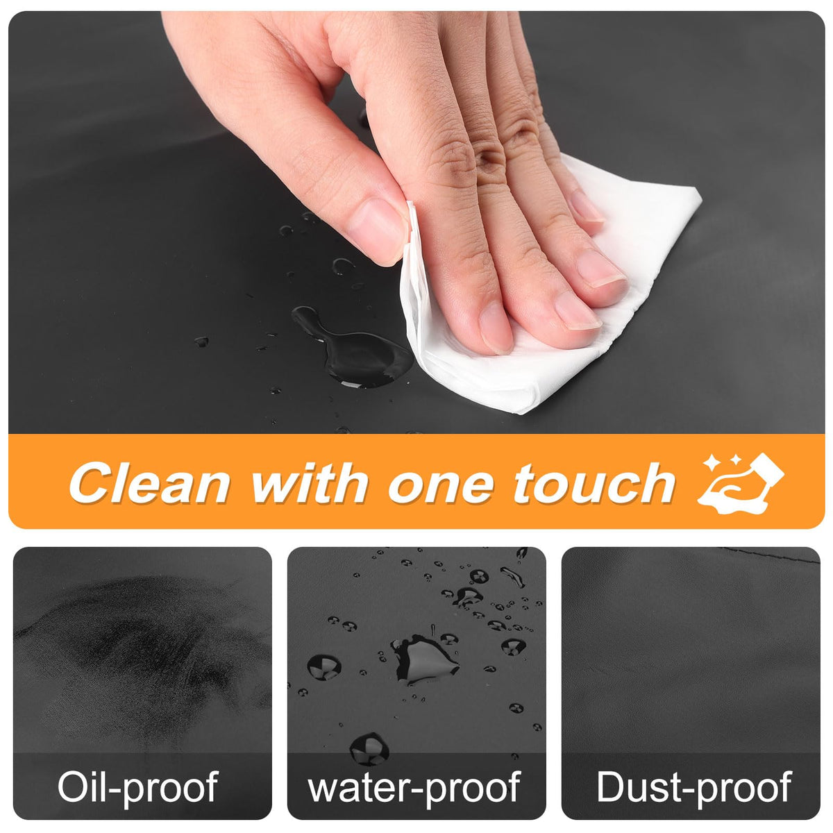 Gotega oil- and liquid-repellent apron keeps clothes clean during cooking and grooming.