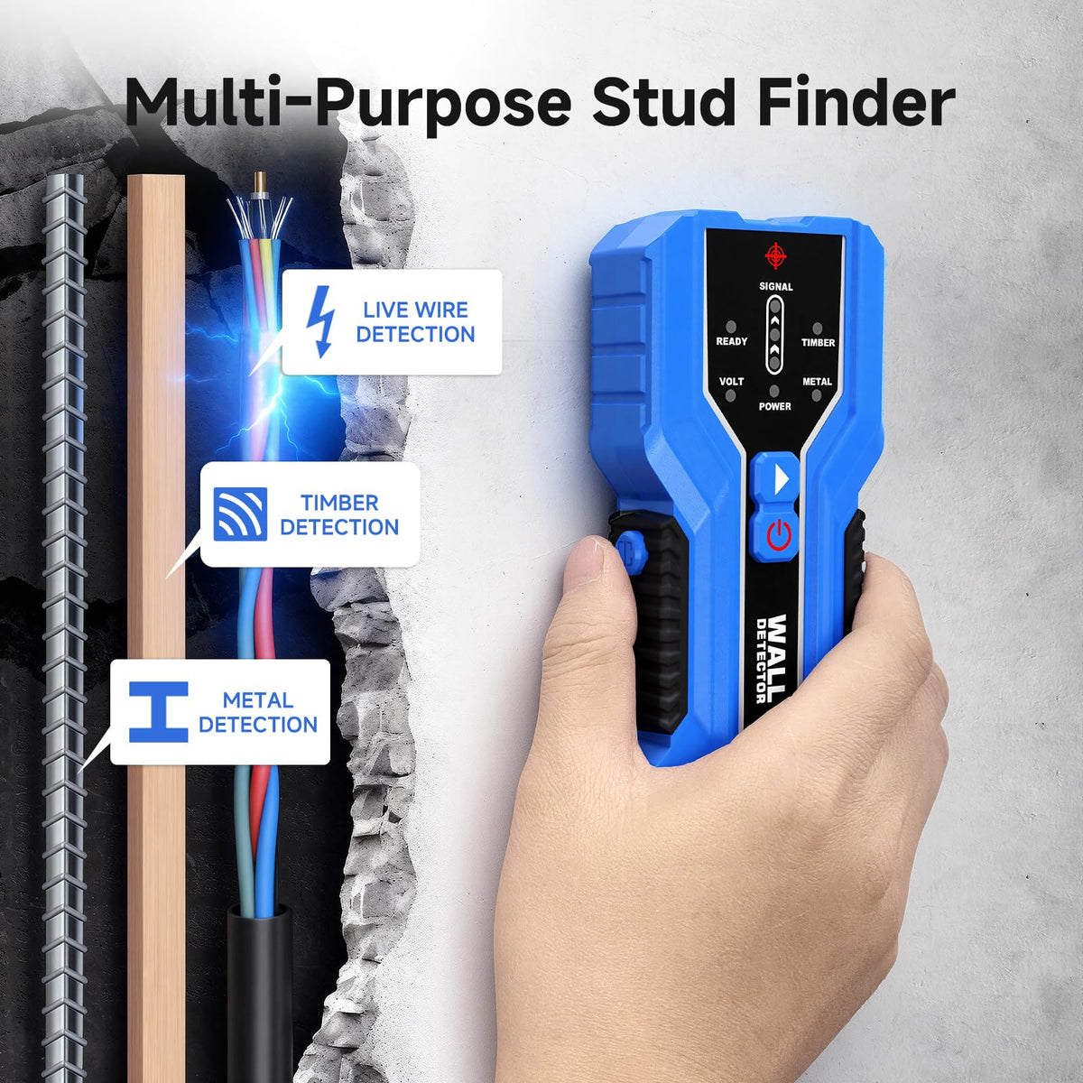 GOTMEET metal-detection mode locates metal studs behind walls.