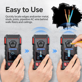 Wood scan mode reveals hidden studs for accurate shelf and cabinet installations.