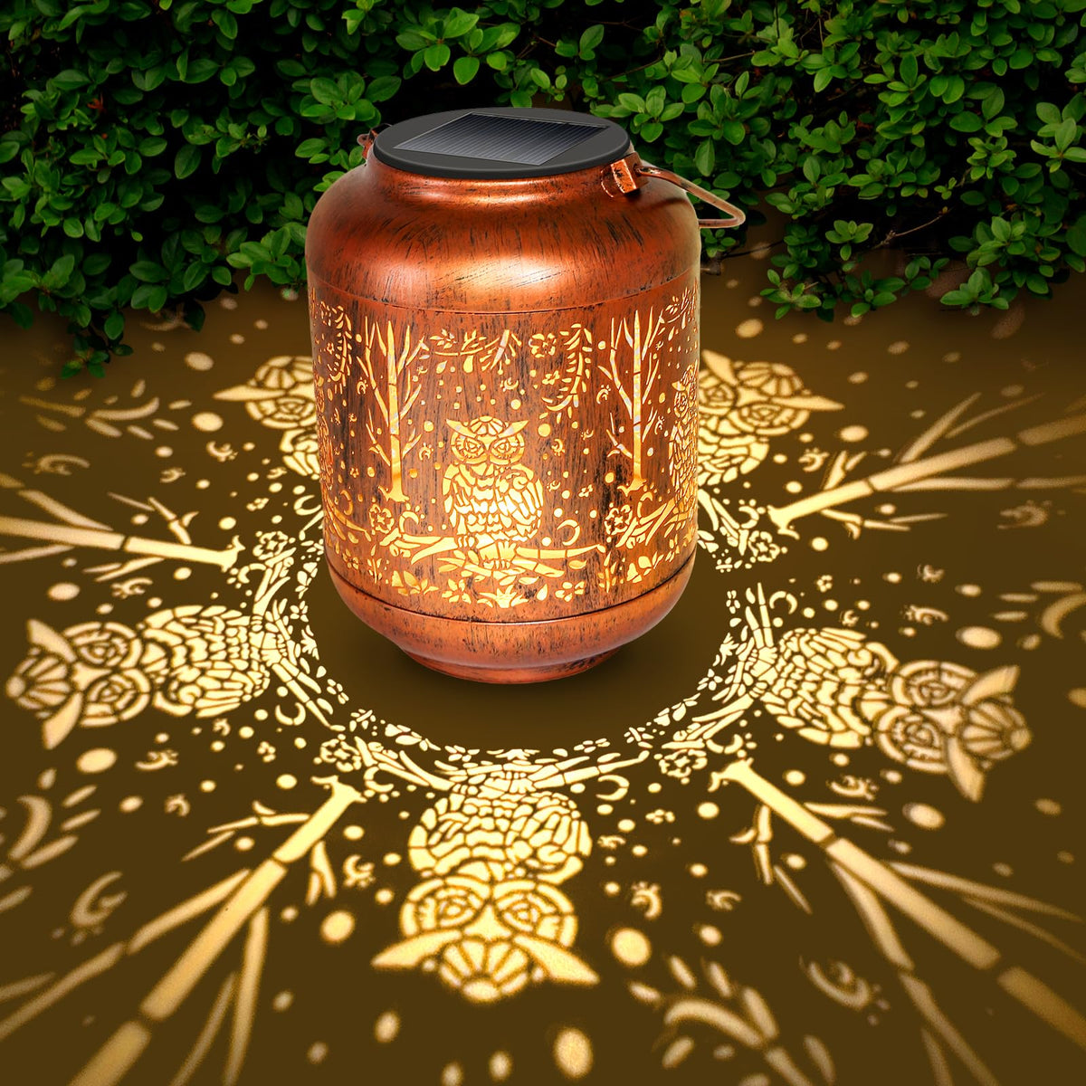 GOTOME Owl Solar Lantern hanging outdoors at dusk creates whimsical garden ambiance.